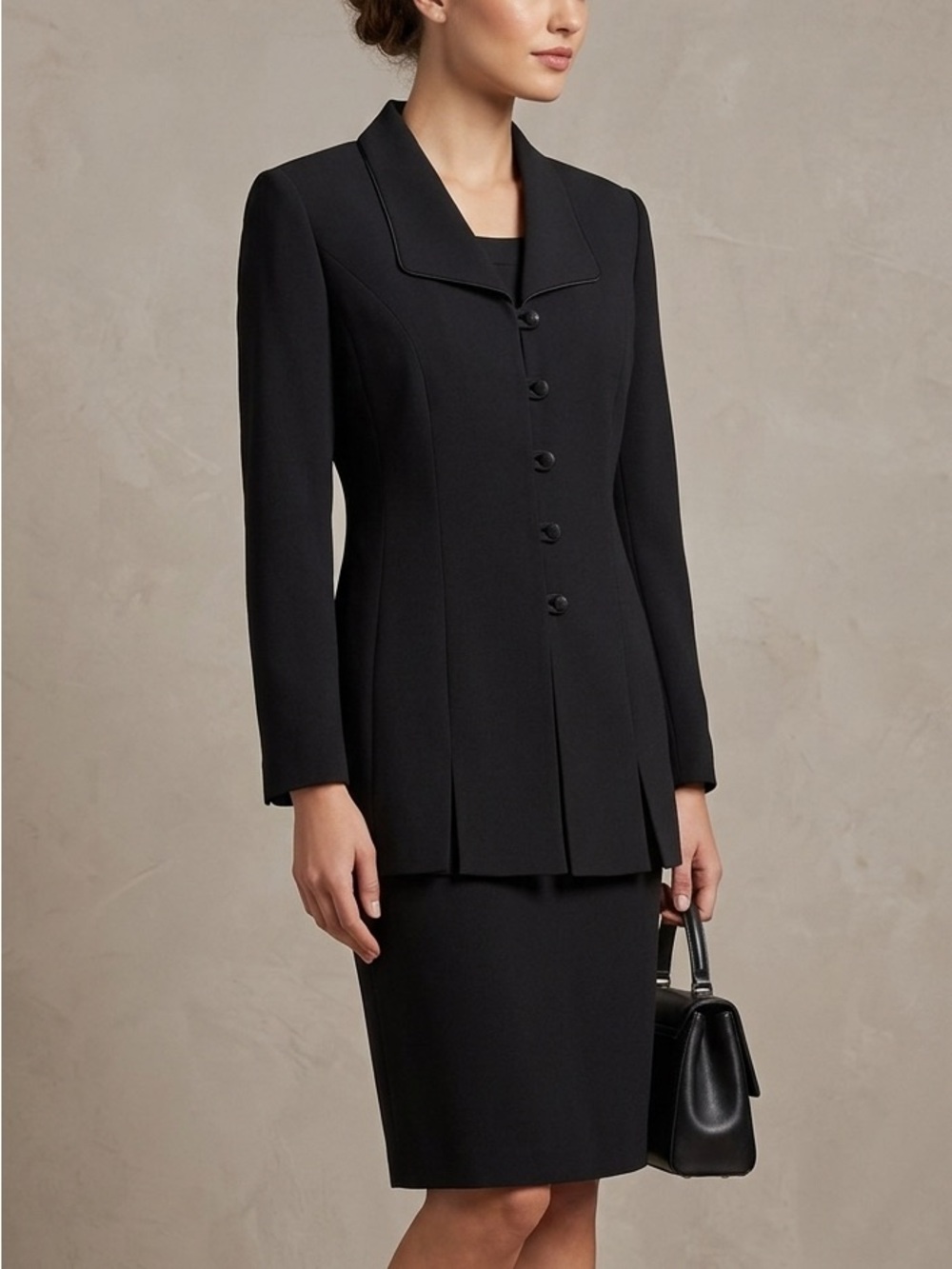 KASPER Two-Piece Suit Blazer Skirt Unique Button Up Front Black Size 8